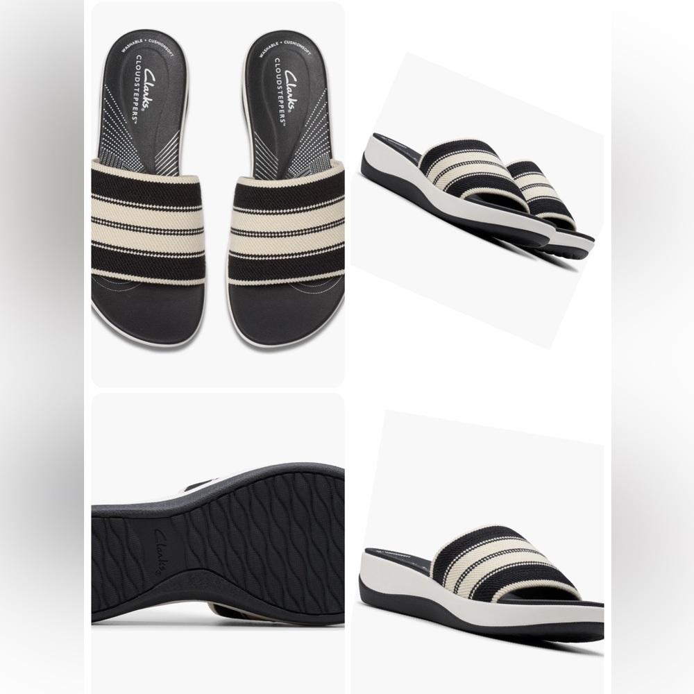 Clarks® Arla Hollis Wedge Sandal (Women)
Black and Cream Slide Sandals (NWB)